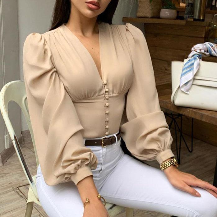 V-neck Button Long Sleeve Blouse Shirt