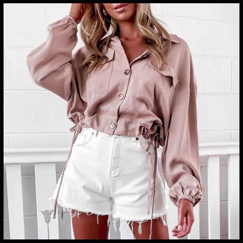 Women Loose Drawstring Waist Blouse Shirt