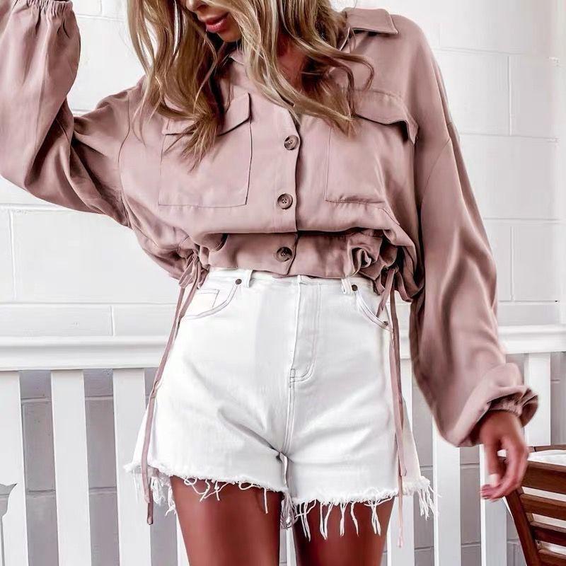 Women Loose Drawstring Waist Blouse Shirt