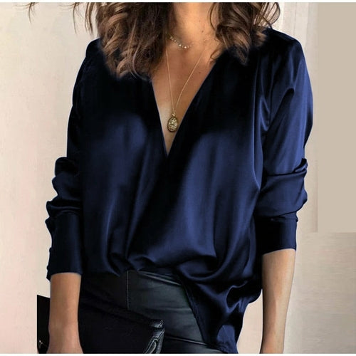 Shirt Sexy V-Neck Long Sleeved Solid Satin Chiffon Blouse