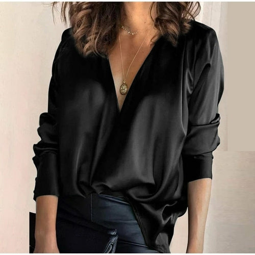 Shirt Sexy V-Neck Long Sleeved Solid Satin Chiffon Blouse