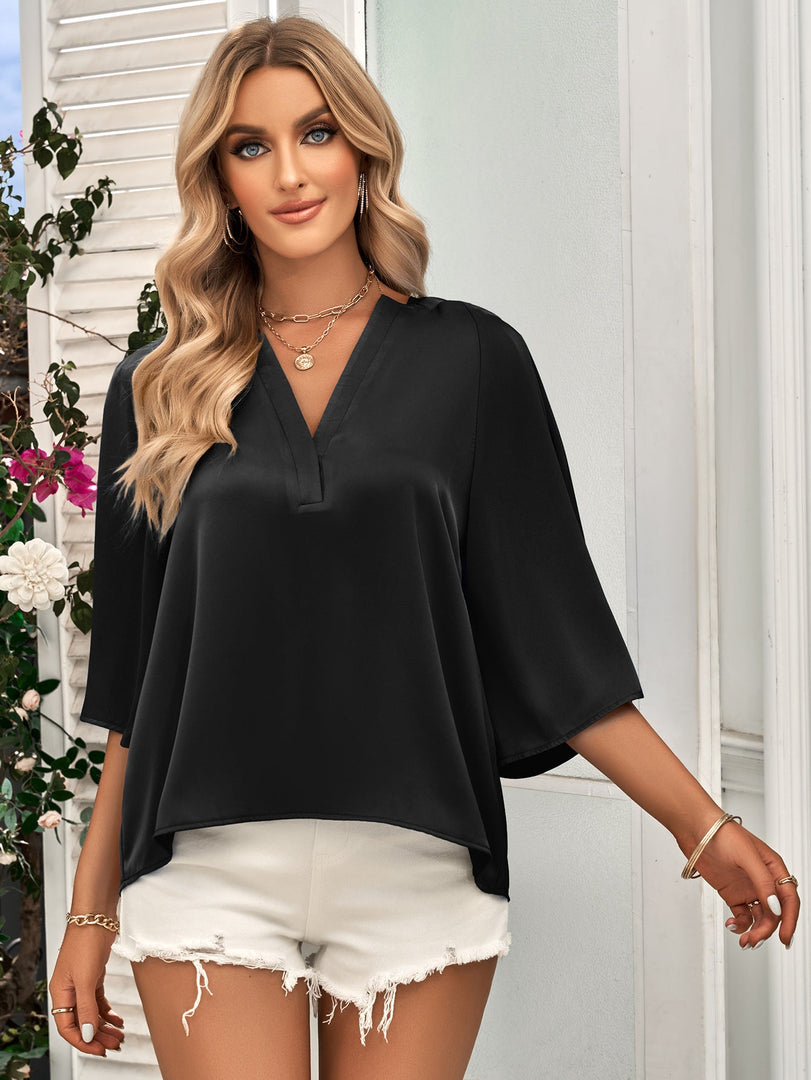 Casual Loose V-neck Top with Half Sleeve