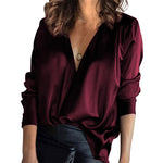 Load image into Gallery viewer, Shirt Sexy V-Neck Long Sleeved Solid Satin Chiffon Blouse
