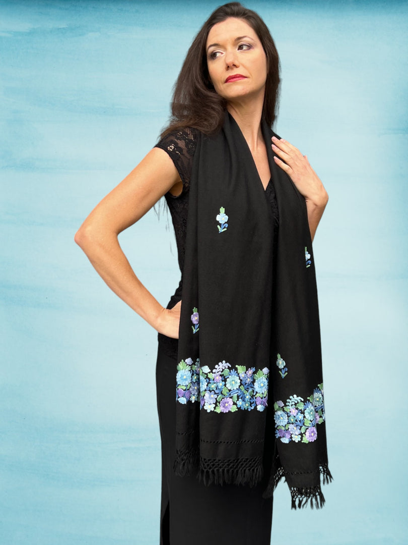 Spring Bloom Embroidered Wool Wrap