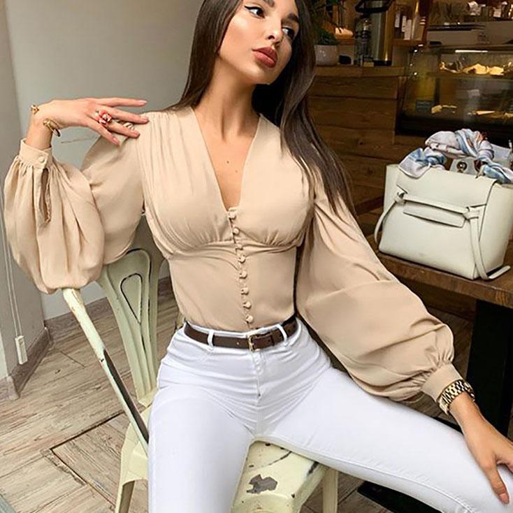 V-neck Button Long Sleeve Blouse Shirt